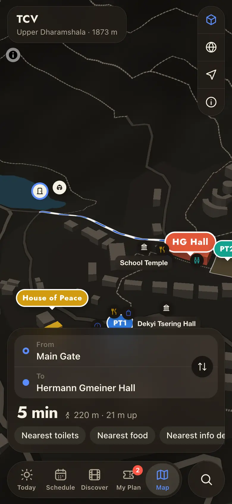The 3D campus map with a walking route