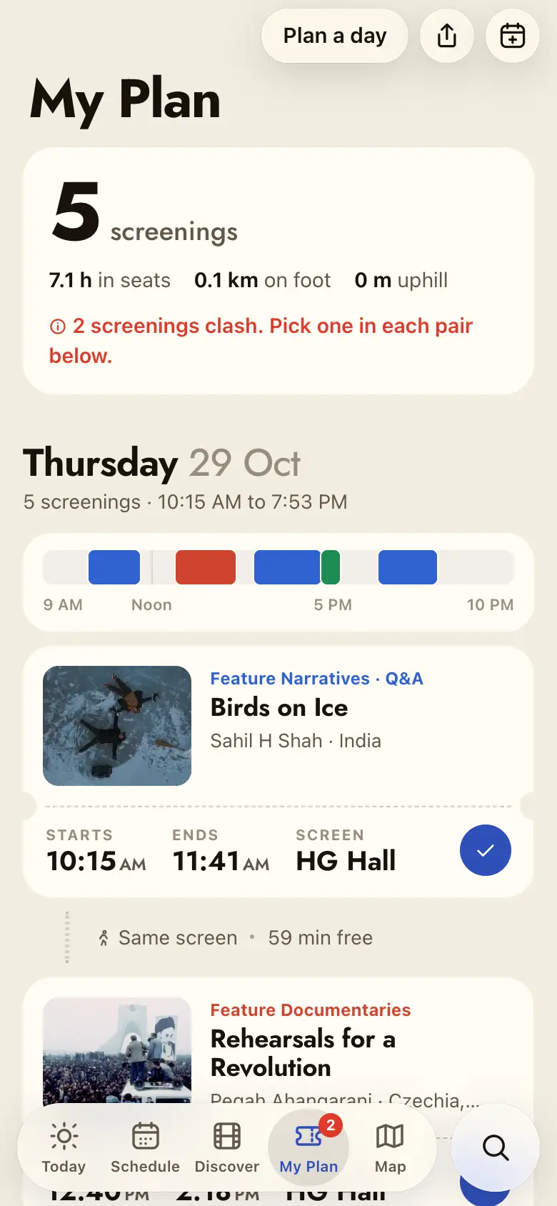 A day plan with ticket stubs and walking times